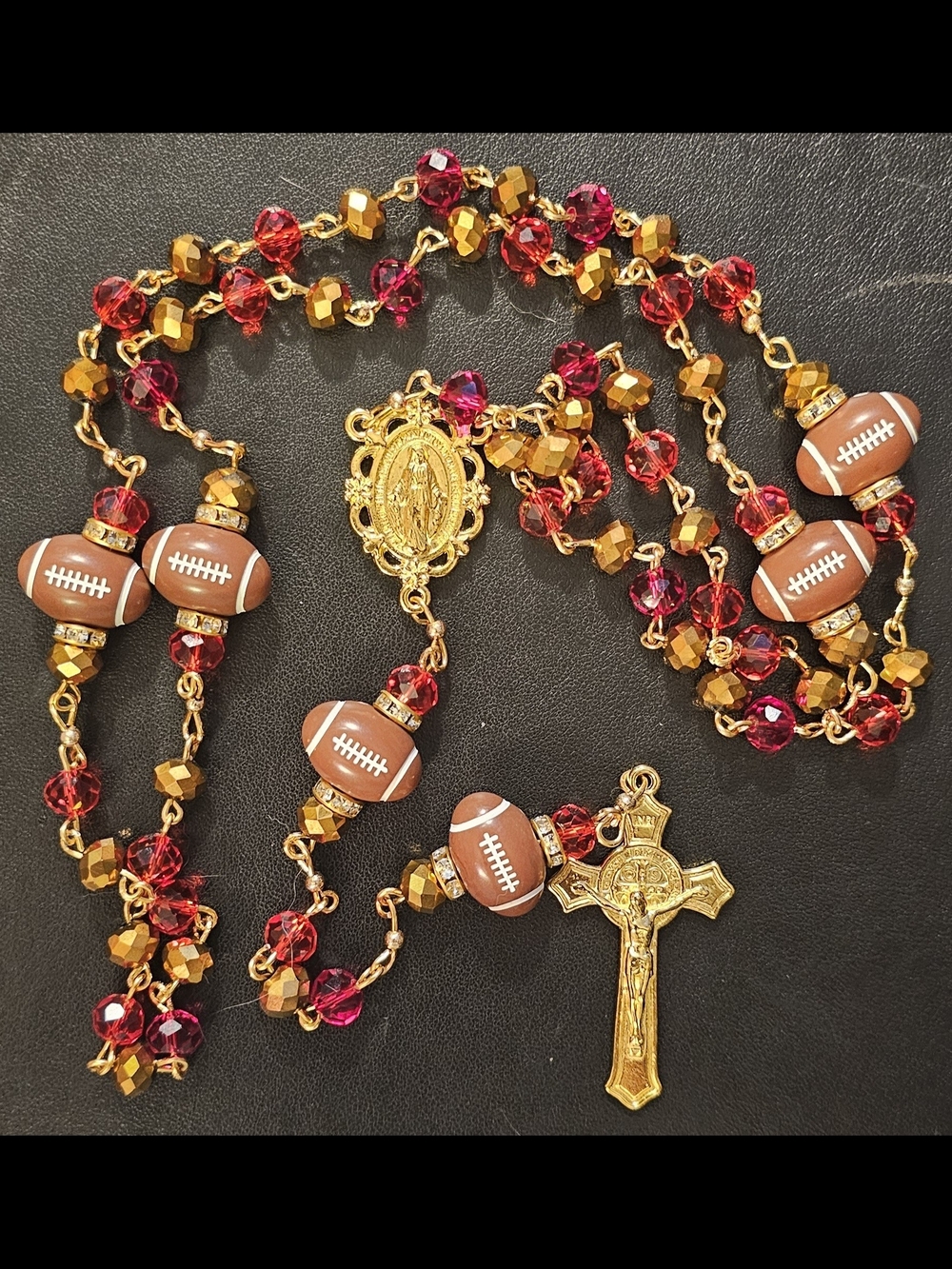 Kansas City Chiefs  Gold-tone Football Rosary Necklace with Red and Gold Beads